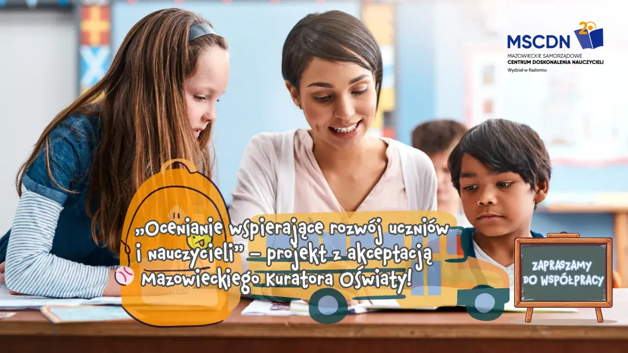 Nauczycielka i dzieci przy biurku, z elementami graficznymi: plecak, autobus, tablica.