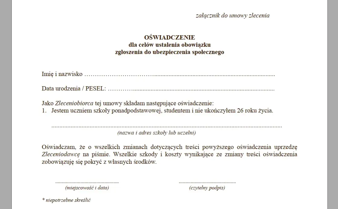 Uczeń na umowie zlecenie ZUS zwolnienie wiek status